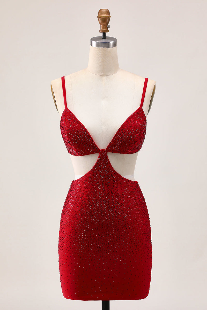 Load image into Gallery viewer, Sparkly Red Cut Out Tight Short Prom Dress with Beading