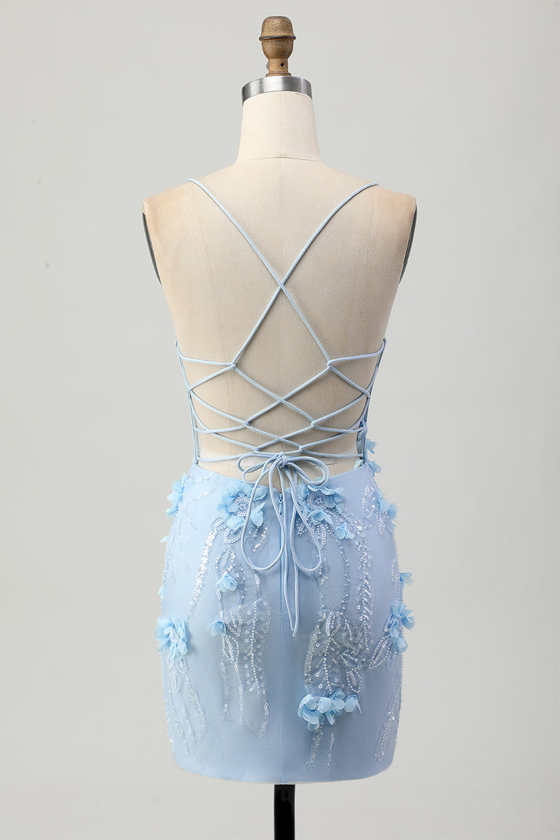 Load image into Gallery viewer, Sparkly Blue Floral Tight Corset Short Prom Dress with Sequins