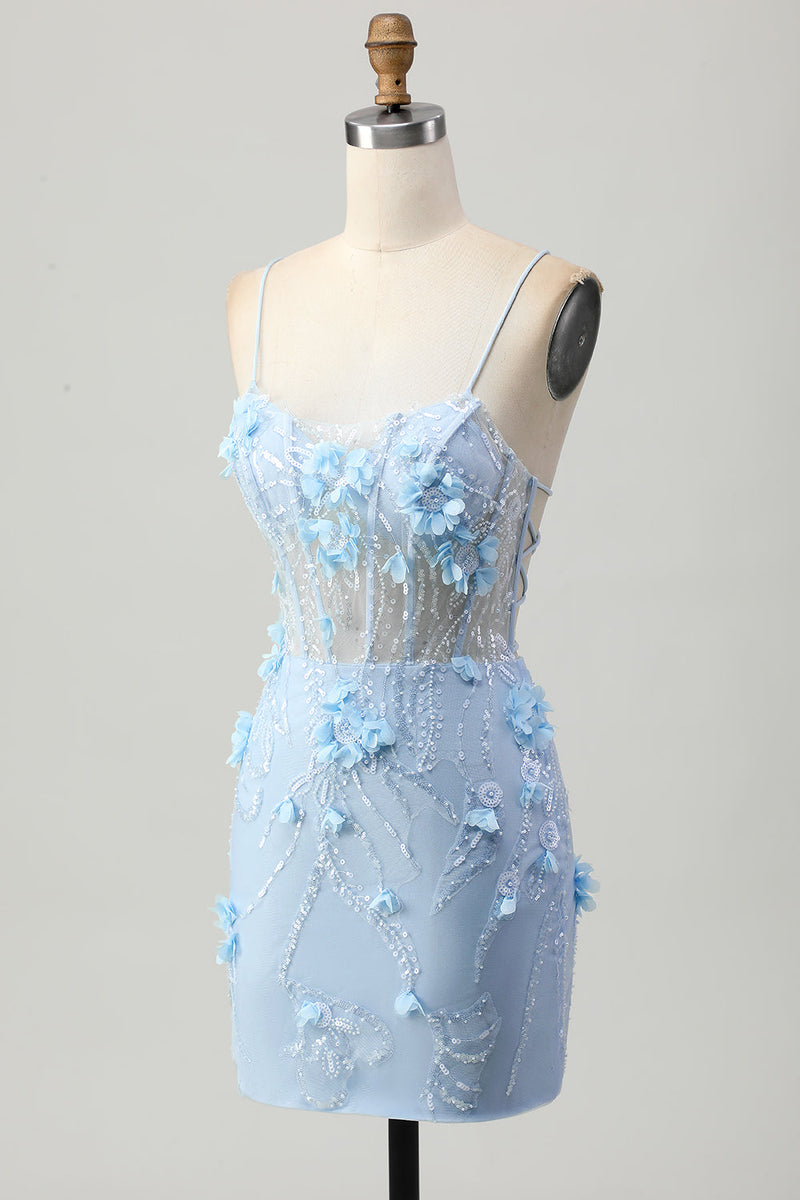 Load image into Gallery viewer, Sparkly Blue Floral Tight Corset Short Prom Dress with Sequins
