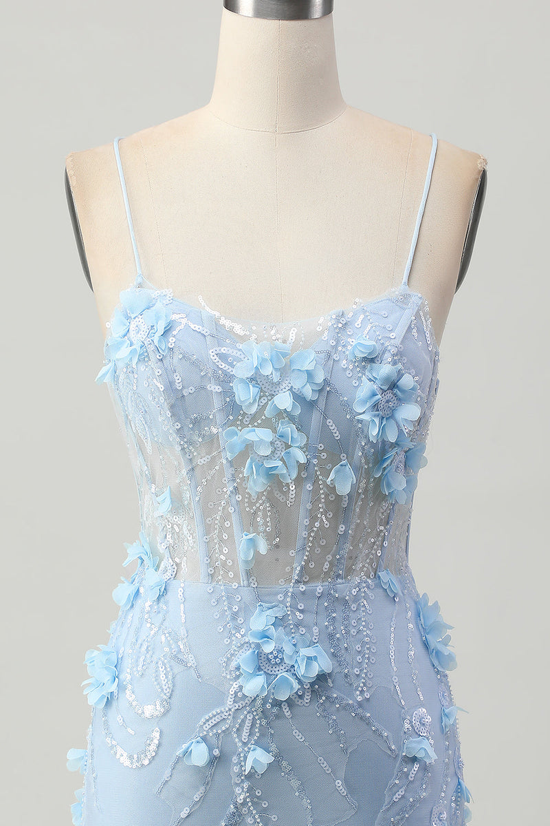 Load image into Gallery viewer, Sparkly Blue Floral Tight Corset Short Prom Dress with Sequins