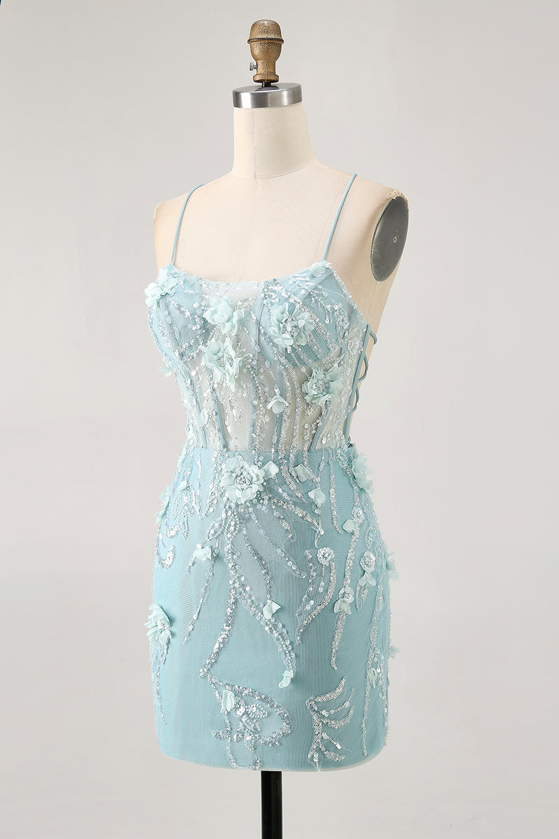 Load image into Gallery viewer, Sparkly Blue Floral Tight Corset Short Prom Dress with Sequins