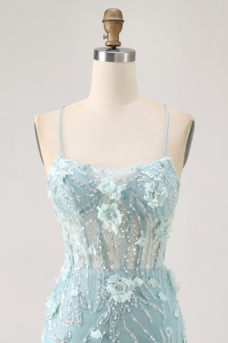 Load image into Gallery viewer, Sparkly Blue Floral Tight Corset Short Prom Dress with Sequins