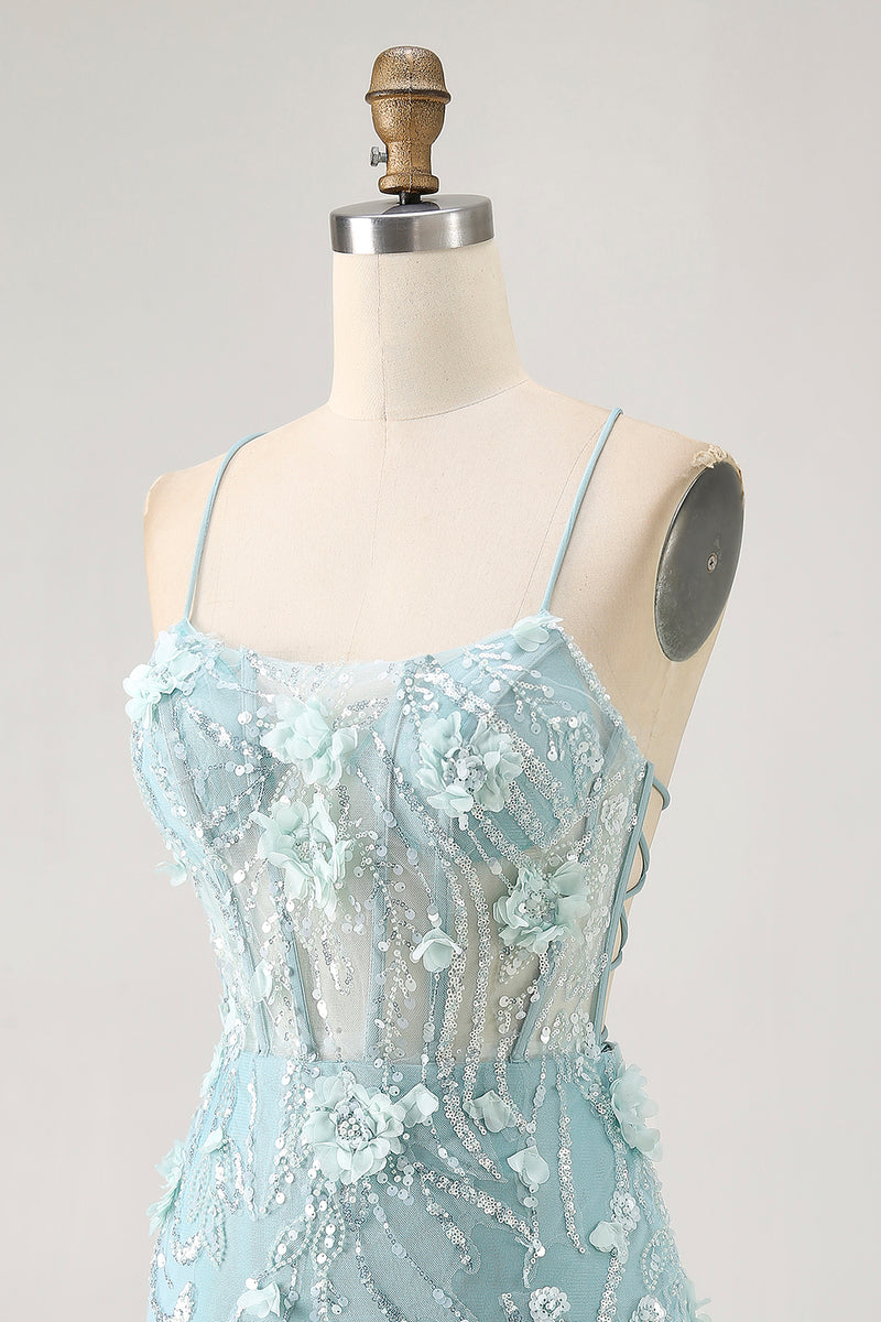 Load image into Gallery viewer, Sparkly Blue Floral Tight Corset Short Prom Dress with Sequins