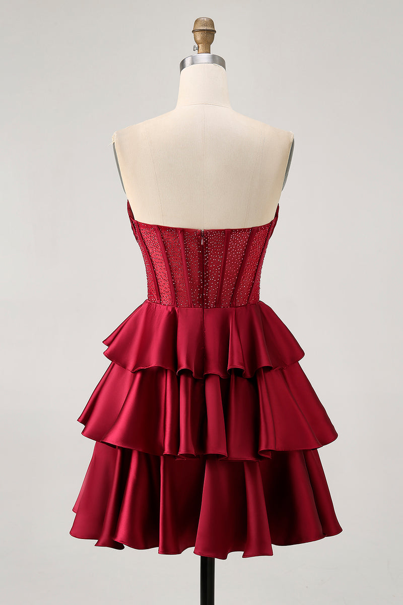 Load image into Gallery viewer, Sparkly Green Ruffles Corset Strapless Short Prom Dress with Beading