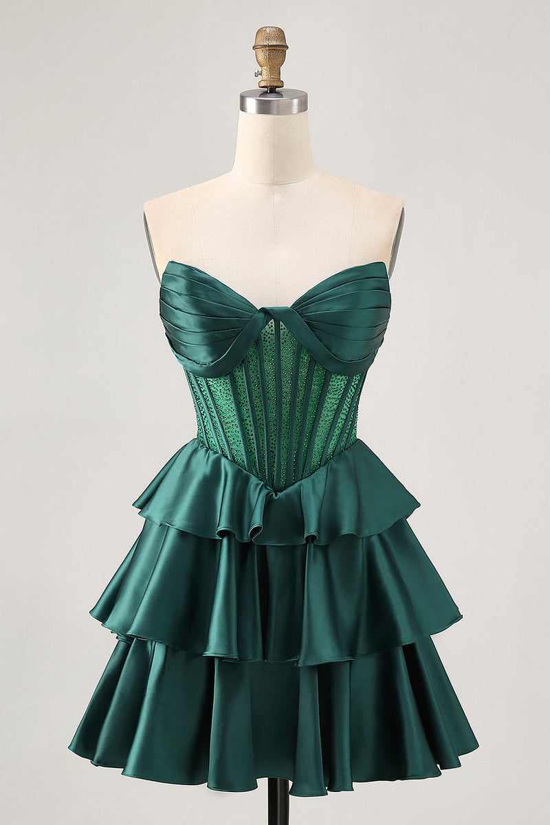 Load image into Gallery viewer, Sparkly Green Ruffles Corset Strapless Short Prom Dress with Beading