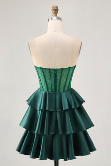 Sparkly Dark Green Strapless Corset Short Prom Dress with Beading