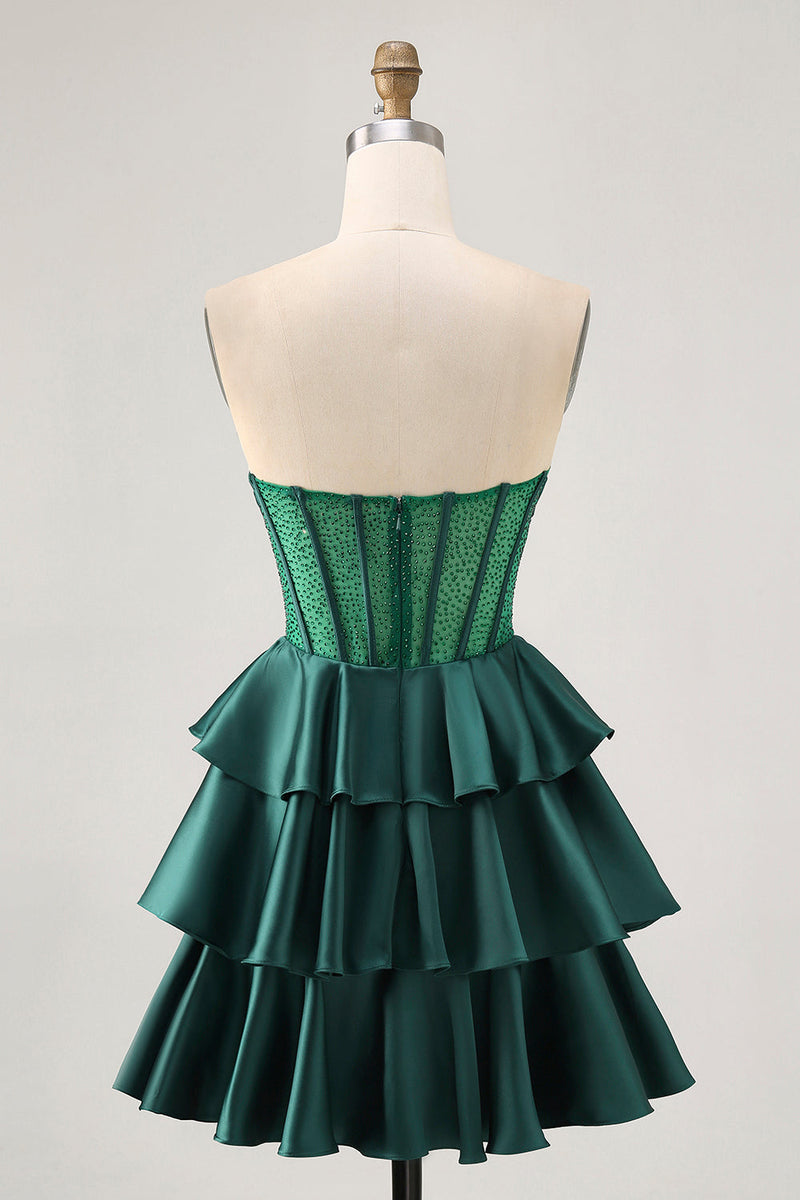 Load image into Gallery viewer, Sparkly Green Ruffles Corset Strapless Short Prom Dress with Beading