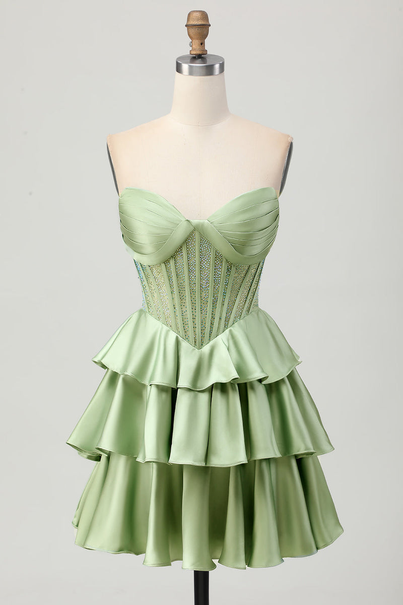 Load image into Gallery viewer, Sparkly Green Ruffles Corset Strapless Short Prom Dress with Beading