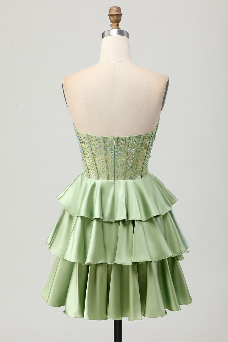 Load image into Gallery viewer, Sparkly Green Ruffles Corset Strapless Short Prom Dress with Beading