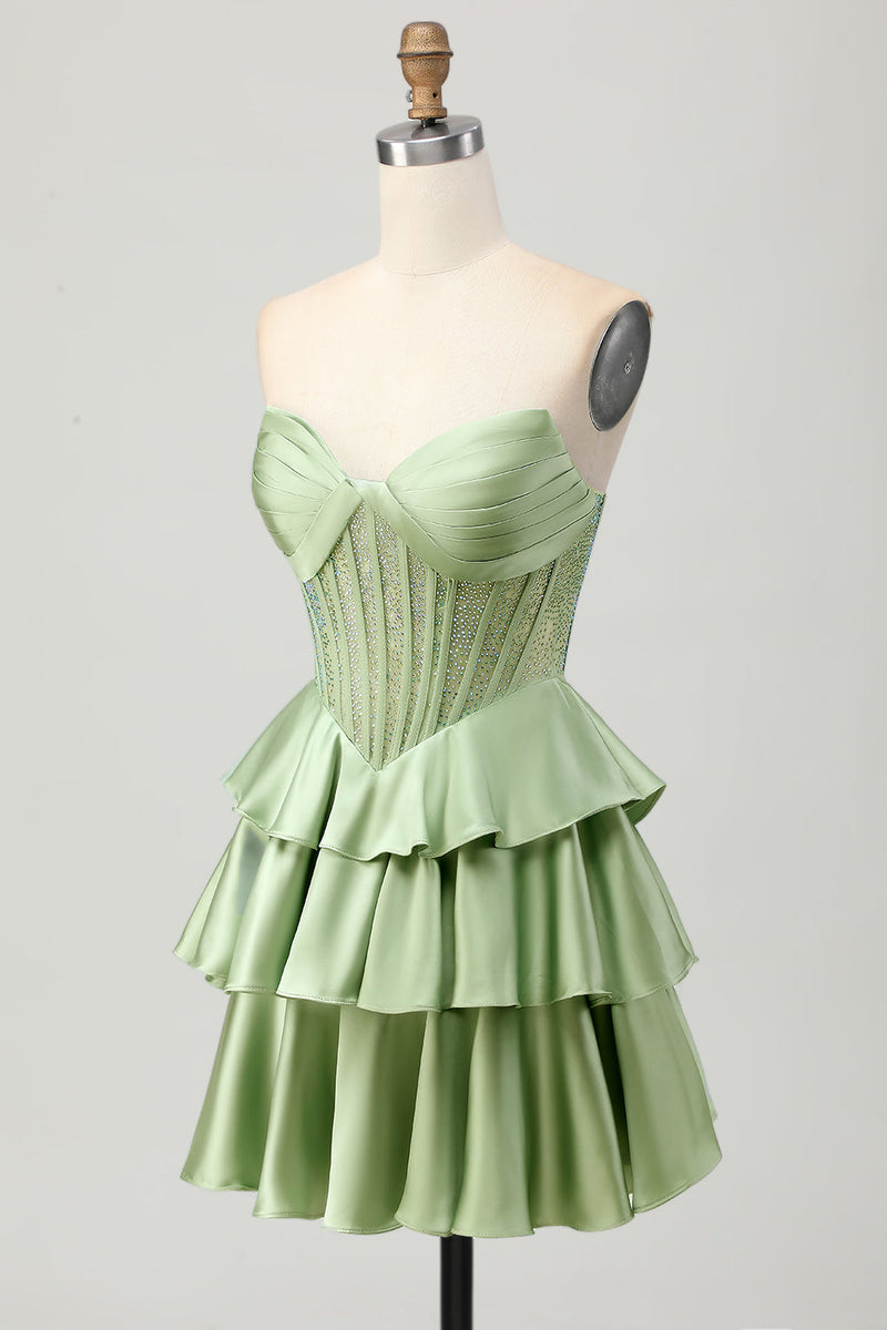 Load image into Gallery viewer, Sparkly Green Ruffles Corset Strapless Short Prom Dress with Beading