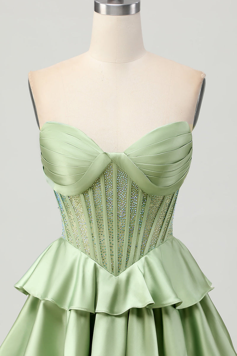 Load image into Gallery viewer, Sparkly Green Ruffles Corset Strapless Short Prom Dress with Beading