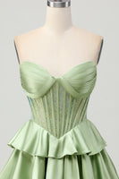 Load image into Gallery viewer, Sparkly Dark Green Strapless Corset Short Prom Dress with Beading