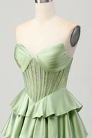 Load image into Gallery viewer, Sparkly Green Ruffles Corset Strapless Short Prom Dress with Beading