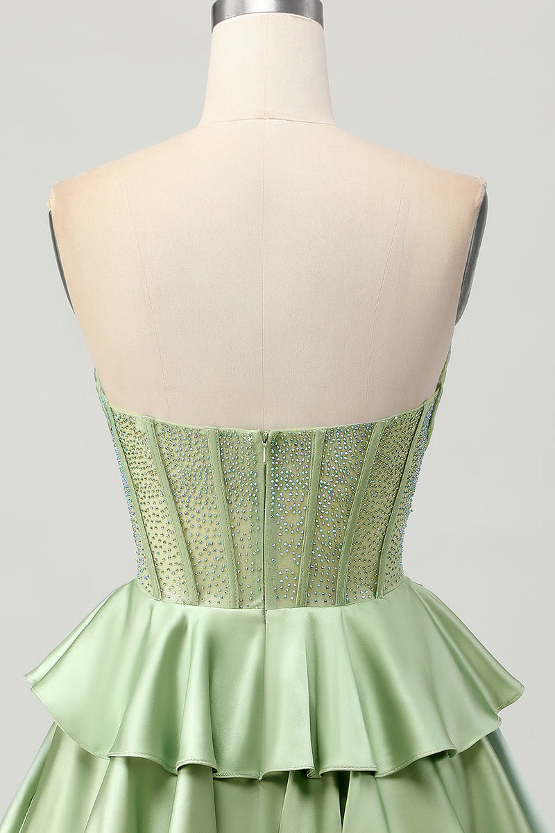 Load image into Gallery viewer, Sparkly Green Ruffles Corset Strapless Short Prom Dress with Beading