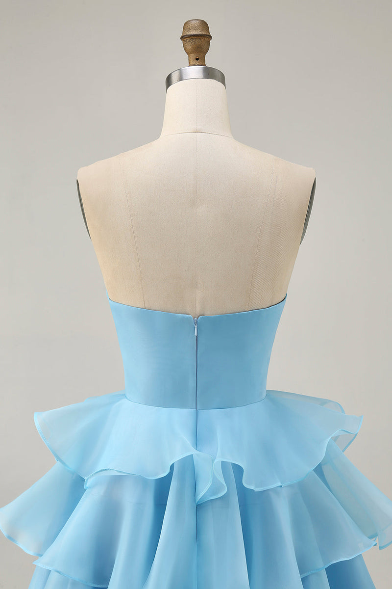 Load image into Gallery viewer, Blue Floral Ruched Strapless Short Prom Dress with Ruffles