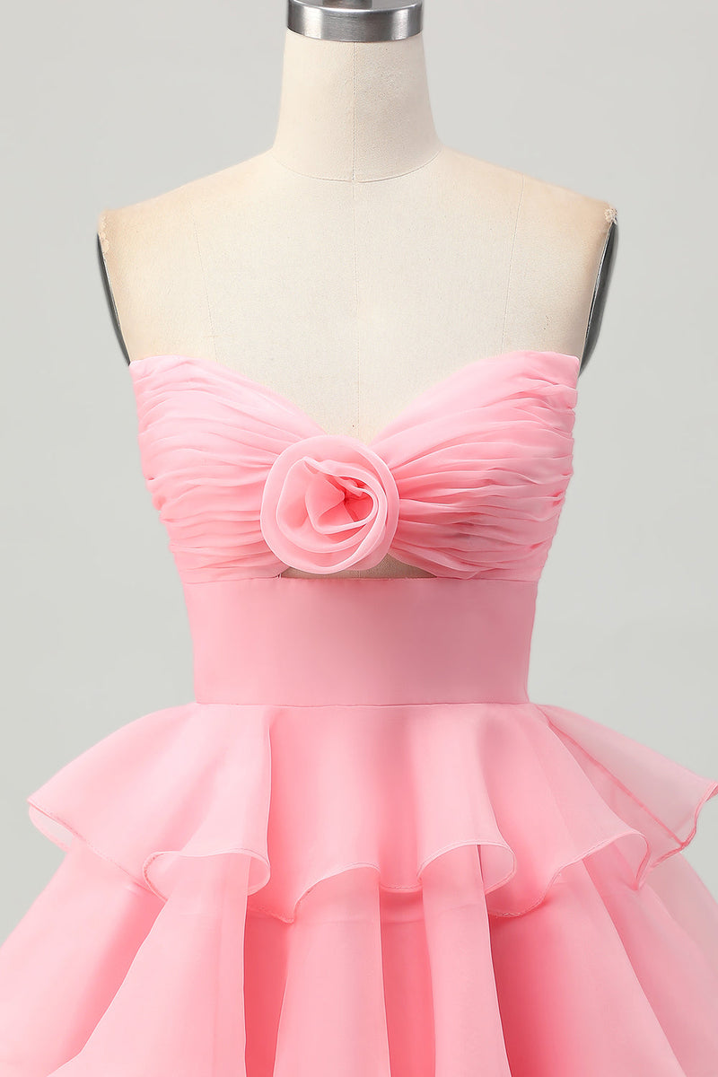 Load image into Gallery viewer, Blush Strapless Ruched Floral Short Prom Dress with Ruffles