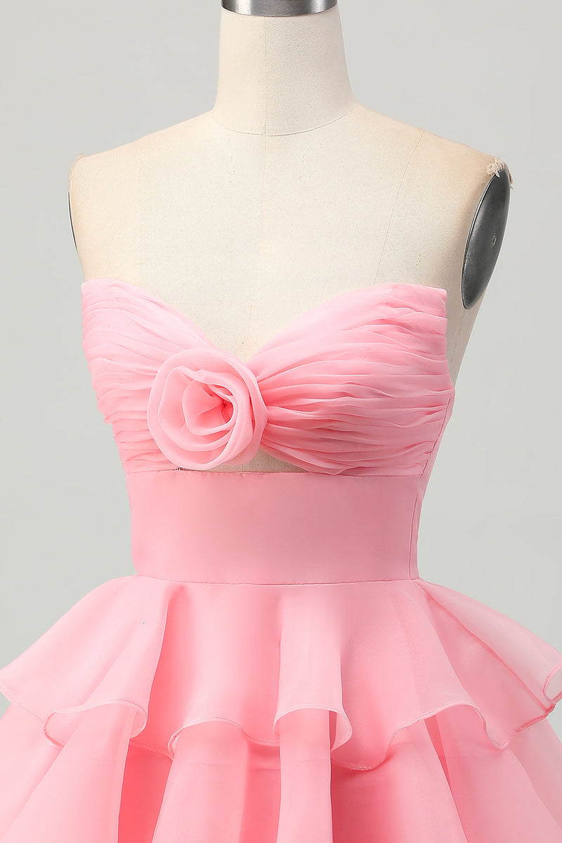 Load image into Gallery viewer, Blush Strapless Ruched Floral Short Prom Dress with Ruffles