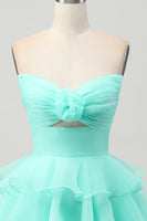 Load image into Gallery viewer, Blue Floral Ruched Strapless Short Prom Dress with Ruffles