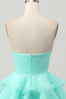 Load image into Gallery viewer, Blue Floral Ruched Strapless Short Prom Dress with Ruffles