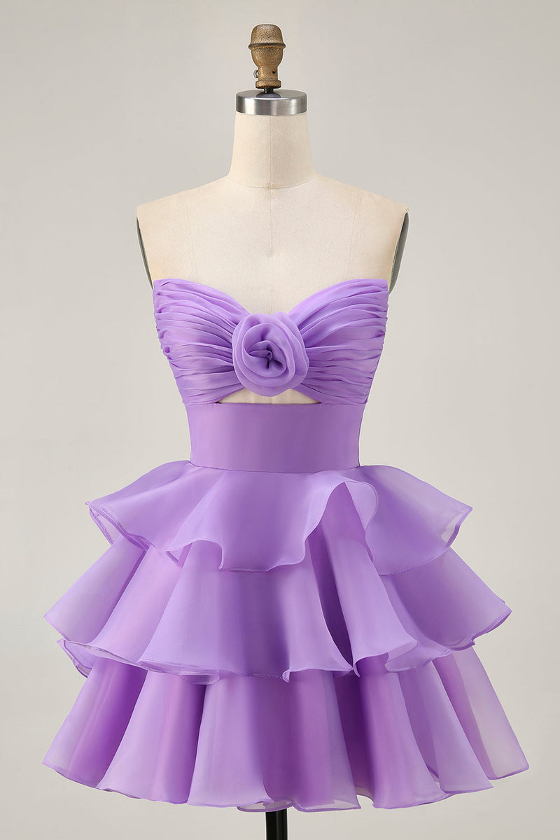 Load image into Gallery viewer, Purple Strapless Floral Short Tiered Prom Dress with Ruffles