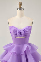 Load image into Gallery viewer, Purple Strapless Floral Short Tiered Prom Dress with Ruffles