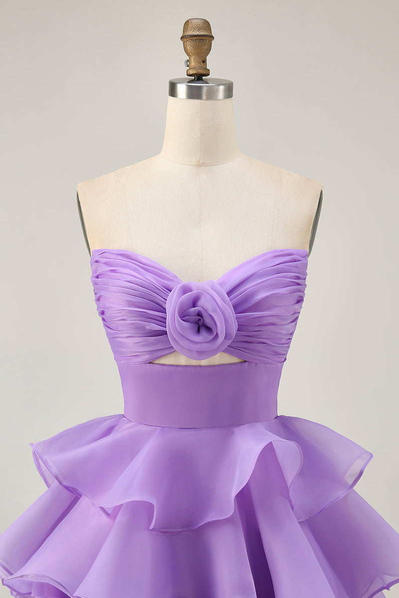 Load image into Gallery viewer, Purple Strapless Floral Short Tiered Prom Dress with Ruffles