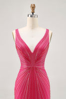Load image into Gallery viewer, Sparkly Fuchsia V-Neck Tight Short Prom Dress with Beading
