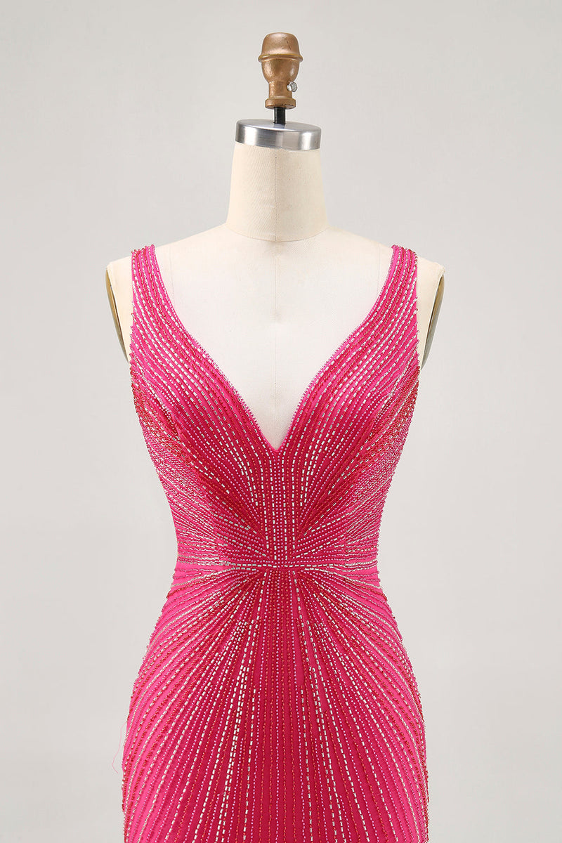 Load image into Gallery viewer, Sparkly Fuchsia V-Neck Tight Short Prom Dress with Beading