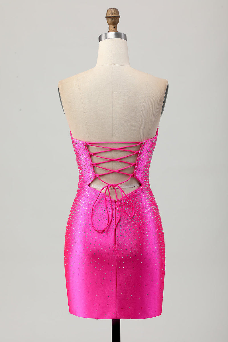 Load image into Gallery viewer, Sparkly Fuchsia Sweetheart Tight Short Beaded Prom Dress with Keyholes