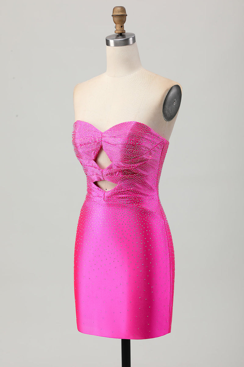 Load image into Gallery viewer, Sparkly Fuchsia Sweetheart Tight Short Beaded Prom Dress with Keyholes