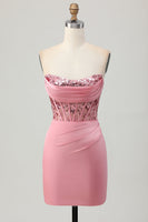 Load image into Gallery viewer, Sparkly Blush Strapless Tight Short Corset Prom Dress with Sequins