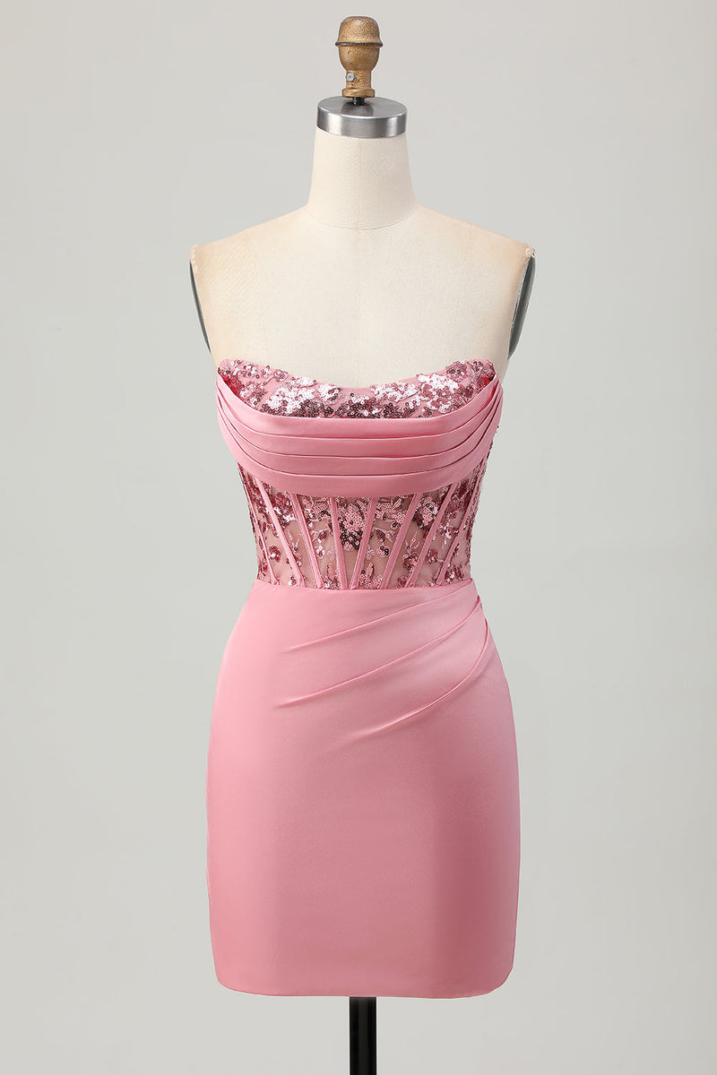 Load image into Gallery viewer, Sparkly Blush Strapless Tight Short Corset Prom Dress with Sequins