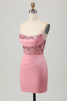 Load image into Gallery viewer, Sparkly Blush Strapless Tight Short Corset Prom Dress with Sequins