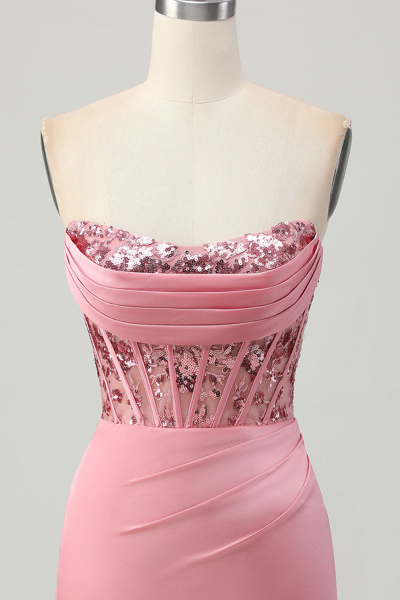 Load image into Gallery viewer, Sparkly Blush Strapless Tight Short Corset Prom Dress with Sequins