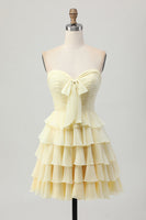 Load image into Gallery viewer, Light Yellow Ruched Sweetheart Ruffled Short Prom Dress with Bow