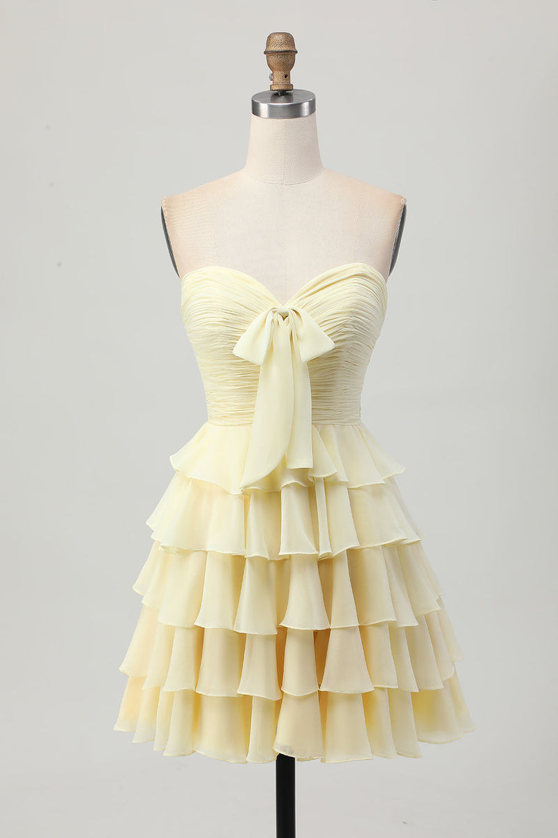 Load image into Gallery viewer, Light Yellow Ruched Sweetheart Ruffled Short Prom Dress with Bow
