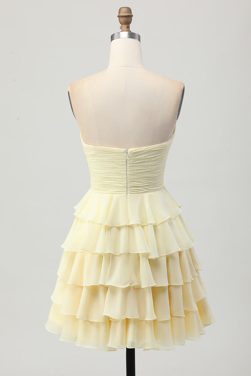 Load image into Gallery viewer, Light Yellow Ruched Sweetheart Ruffled Short Prom Dress with Bow