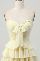 Load image into Gallery viewer, Light Yellow Ruched Sweetheart Ruffled Short Prom Dress with Bow