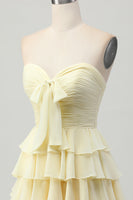 Load image into Gallery viewer, Light Yellow Ruched Sweetheart Ruffled Short Prom Dress with Bow
