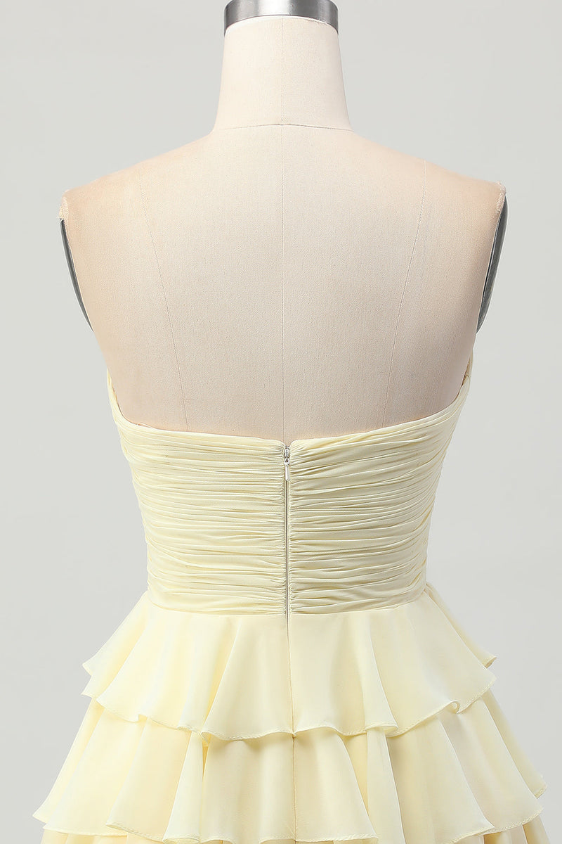 Load image into Gallery viewer, Light Yellow Ruched Sweetheart Ruffled Short Prom Dress with Bow