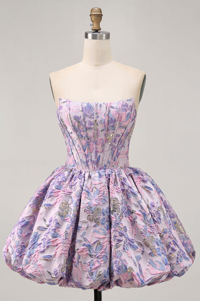 Load image into Gallery viewer, Purple Floral Corset Strapless A Line Short Prom Dress