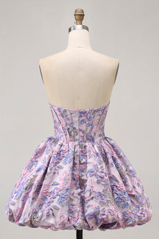Purple Floral Corset Strapless A Line Short Prom Dress