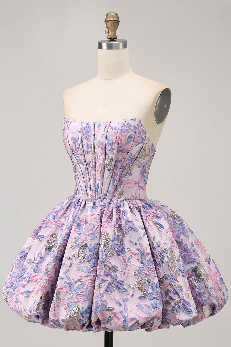Load image into Gallery viewer, Purple Floral Corset Strapless A Line Short Prom Dress
