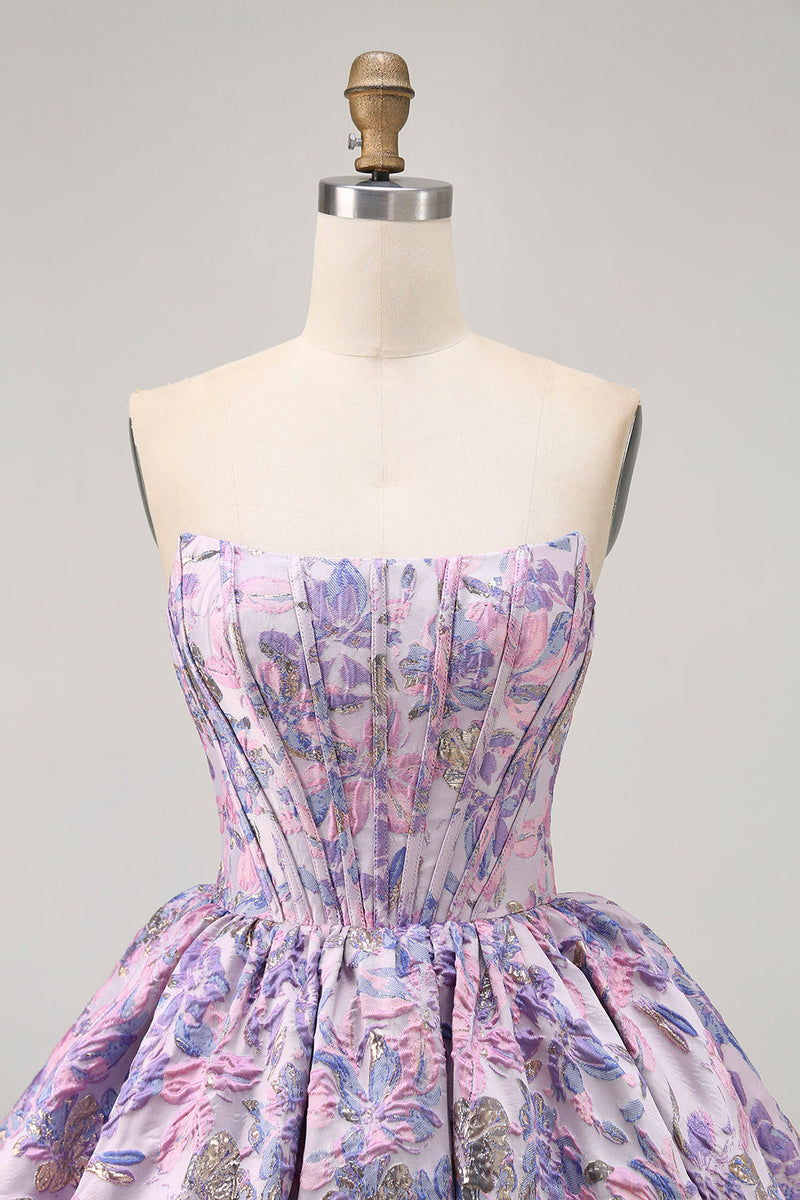 Load image into Gallery viewer, Purple Floral Corset Strapless A Line Short Prom Dress