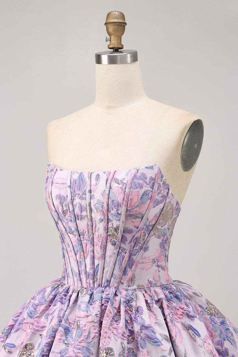 Load image into Gallery viewer, Purple Floral Corset Strapless A Line Short Prom Dress