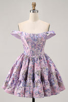 Load image into Gallery viewer, Purple Floral Corset Off the Shoulder Short Prom Dress