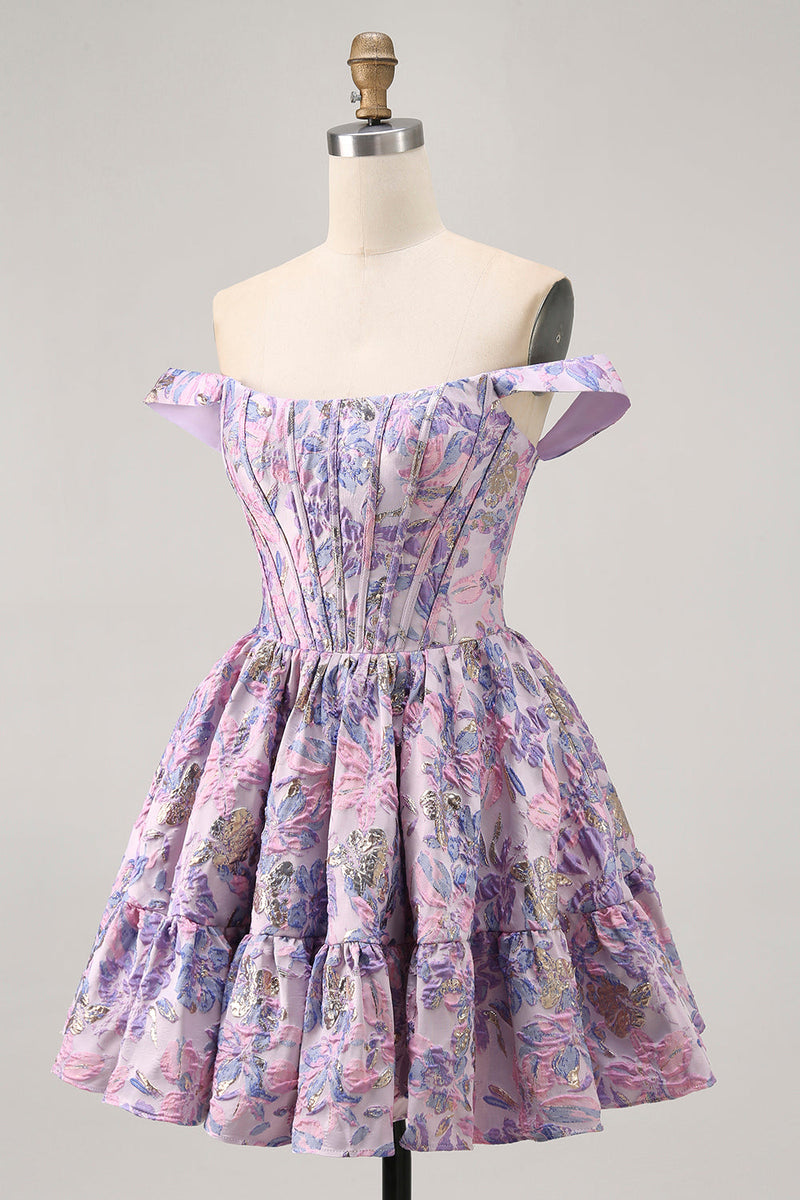 Load image into Gallery viewer, Purple Floral Corset Off the Shoulder Short Prom Dress