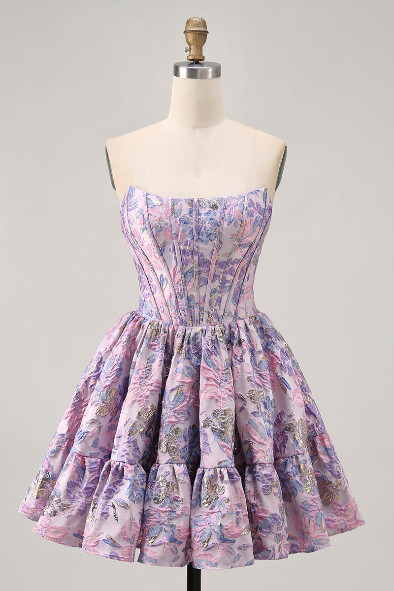 Load image into Gallery viewer, Purple Floral Corset Off the Shoulder Short Prom Dress