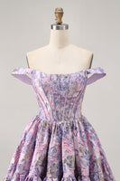 Load image into Gallery viewer, Purple Floral Corset Off the Shoulder Short Prom Dress