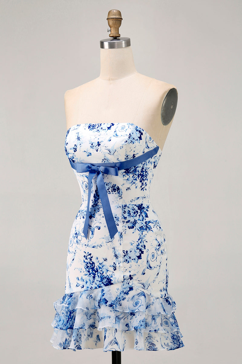 Queendancer Women White Blue Flower Short Prom Dress with Bow Strapless